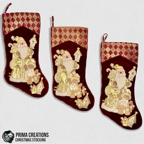 VINTAGE CHRISTMAS STOCKING FELT APPLIQUÉD SANTA & GIFTS ON VELVET IN RED & GOLD - Picture 13 of 13